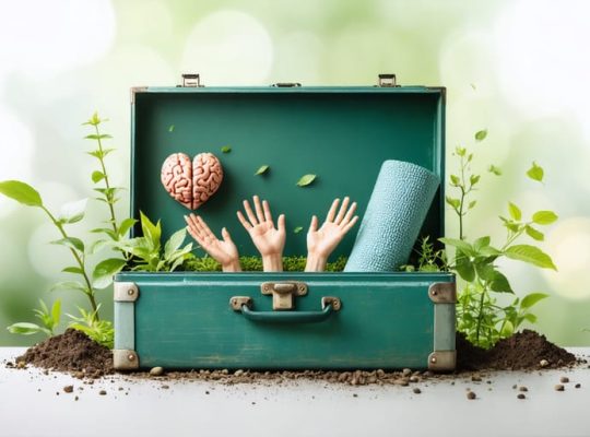 An open toolbox filled with symbolic tools for mental health, including a brain, heart, yoga mat, and journal, illustrating the concept of building a mental health toolkit for students.