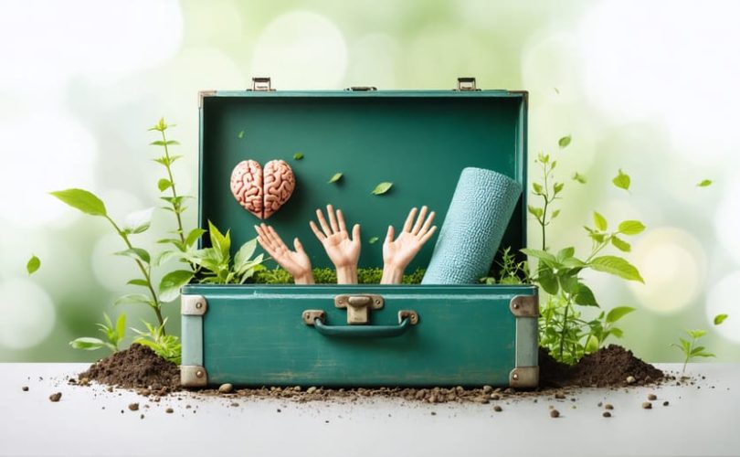 An open toolbox filled with symbolic tools for mental health, including a brain, heart, yoga mat, and journal, illustrating the concept of building a mental health toolkit for students.