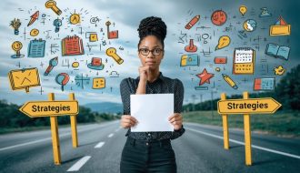 A determined parent surrounded by symbolic representations of barriers to educational involvement, holding a list of strategies to overcome challenges.