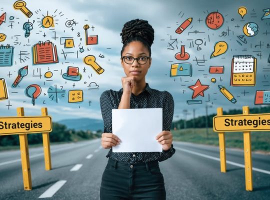 A determined parent surrounded by symbolic representations of barriers to educational involvement, holding a list of strategies to overcome challenges.