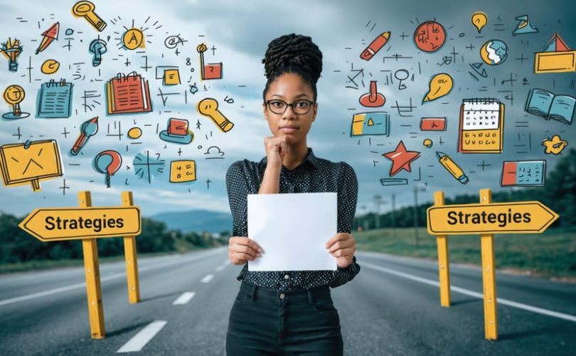 A determined parent surrounded by symbolic representations of barriers to educational involvement, holding a list of strategies to overcome challenges.