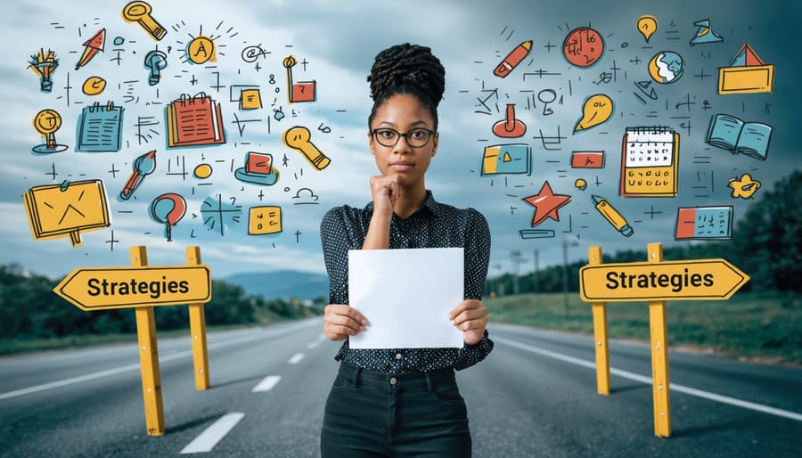 A determined parent surrounded by symbolic representations of barriers to educational involvement, holding a list of strategies to overcome challenges.