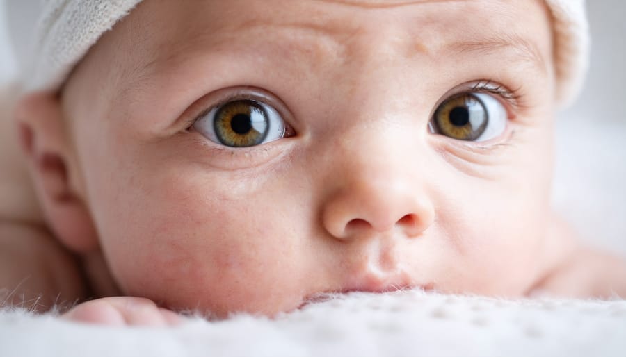 Close-up of a newborn baby's eye, highlighting the iris and pupil