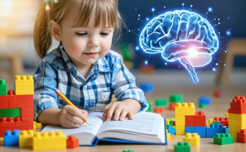 Conceptual image showing a child's play activities connected to neural pathways, representing the impact of play on brain development.