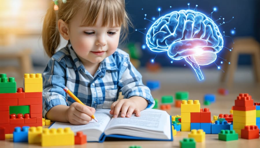 Conceptual image showing a child's play activities connected to neural pathways, representing the impact of play on brain development.