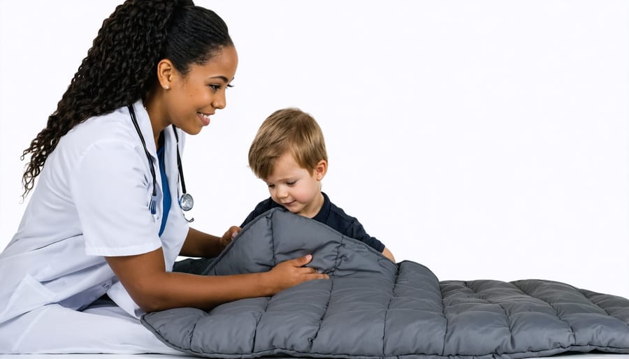 An occupational therapist guiding a child on the proper use of a weighted blanket