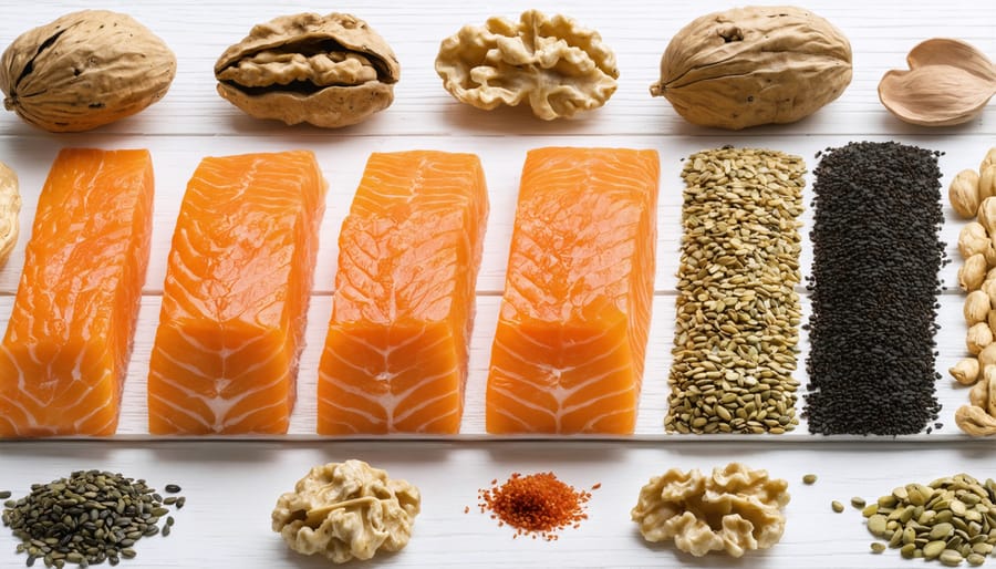 Foods containing high levels of omega-3 fatty acids like salmon, walnuts, and flax seeds