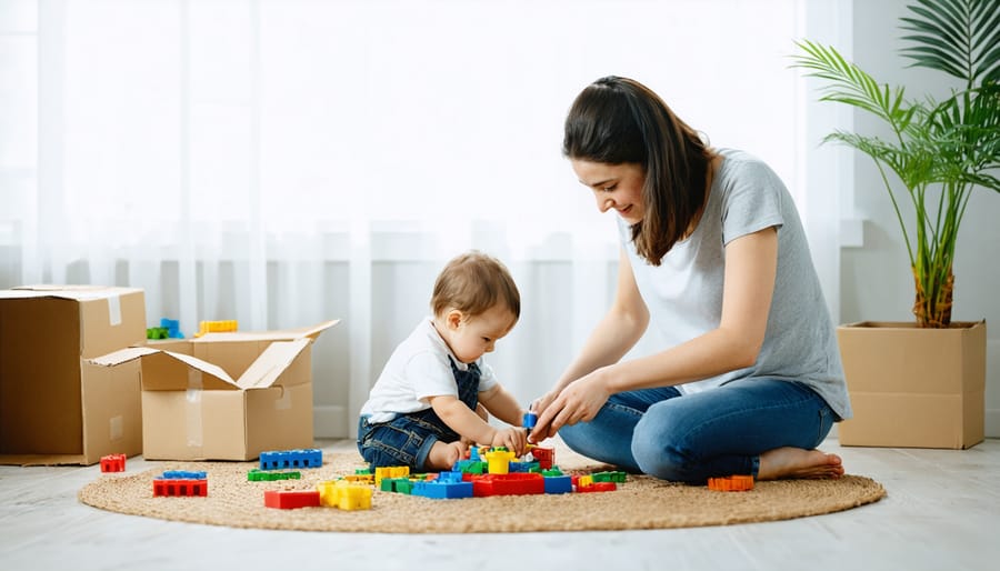 Caregiver facilitating child-directed creative play with simple, open-ended objects