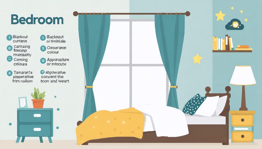 Illustrated bedroom setup showing optimal sleep environment features for children