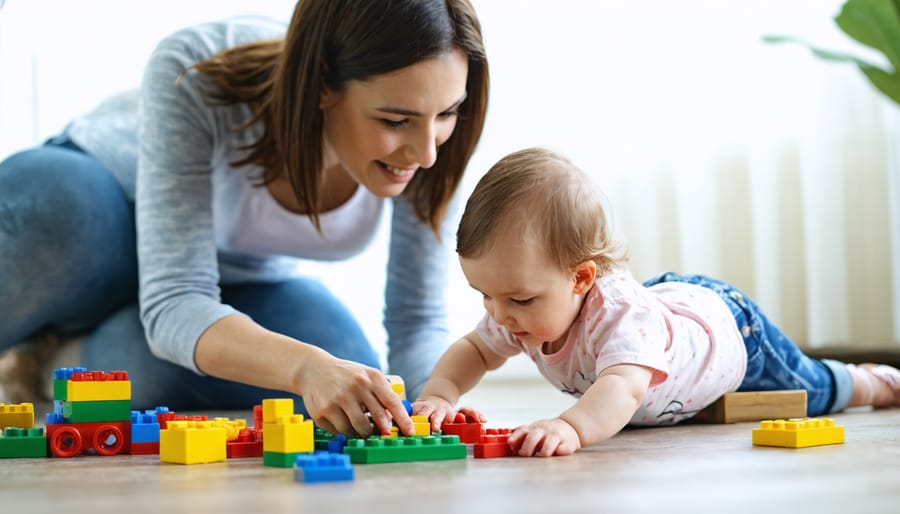 Parent and child engaged in playful activity with toy blocks