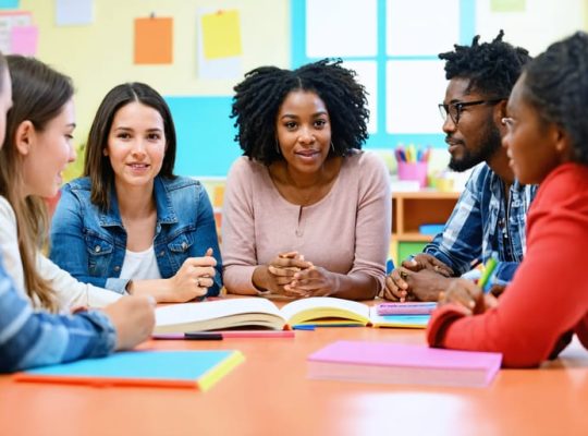 Parents and teachers collaboratively discussing a child's education at a school meeting, symbolizing partnership and support.