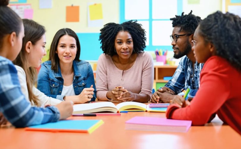 Parents and teachers collaboratively discussing a child's education at a school meeting, symbolizing partnership and support.