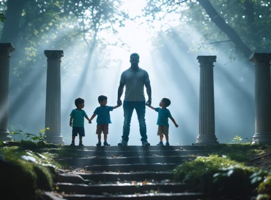 A composed parent portrayed as a protective figure with symbols of resilience, surrounded by children who look confident and secure.