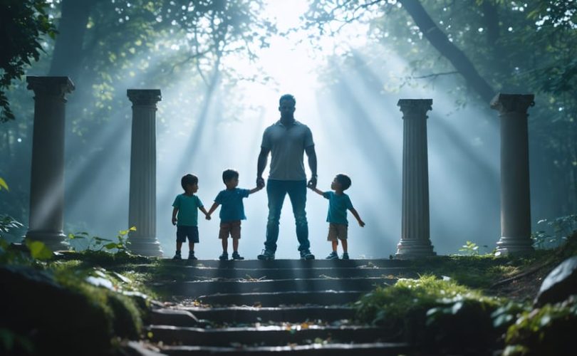 A composed parent portrayed as a protective figure with symbols of resilience, surrounded by children who look confident and secure.