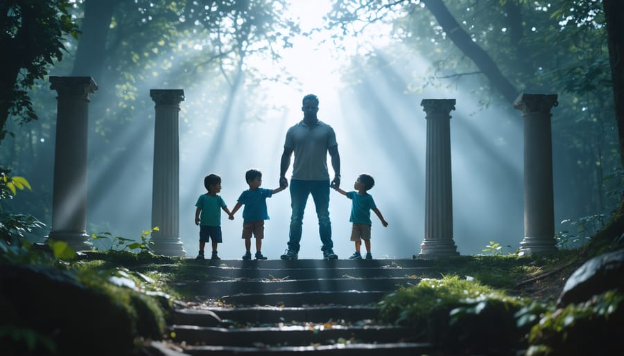 A composed parent portrayed as a protective figure with symbols of resilience, surrounded by children who look confident and secure.