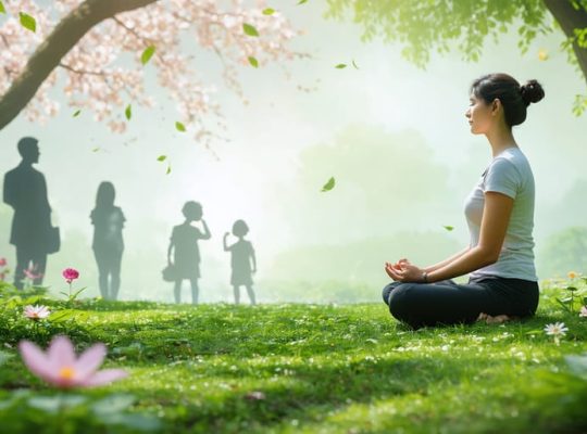 A parent practicing mindfulness in a garden, symbolizing stress management and self-care within a supportive family environment.