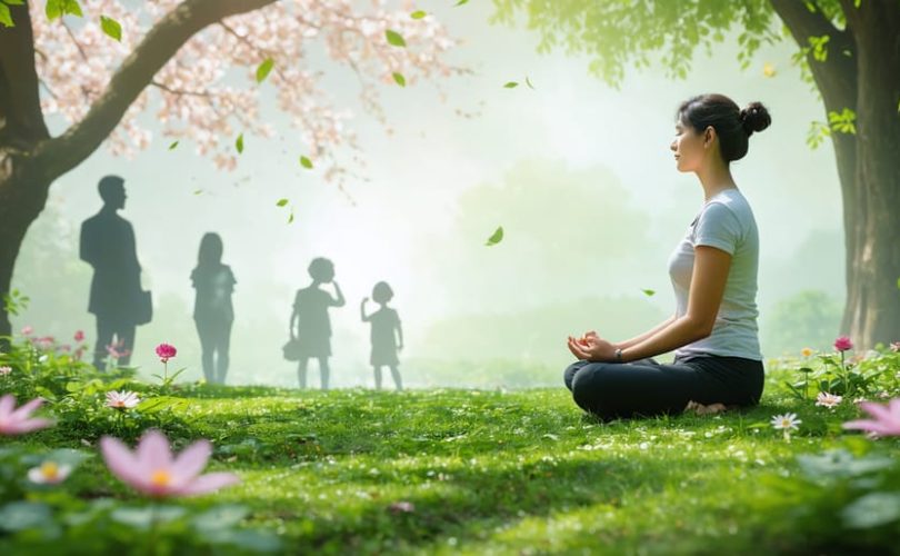 A parent practicing mindfulness in a garden, symbolizing stress management and self-care within a supportive family environment.