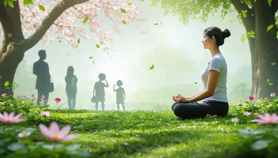 A parent practicing mindfulness in a garden, symbolizing stress management and self-care within a supportive family environment.