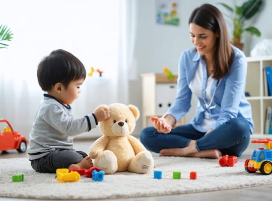 A child engaged in play therapy with a therapist, surrounded by toys and therapeutic tools, in a calm and supportive therapy room setting.