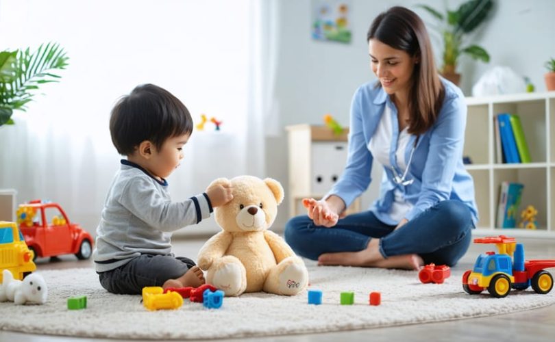 A child engaged in play therapy with a therapist, surrounded by toys and therapeutic tools, in a calm and supportive therapy room setting.