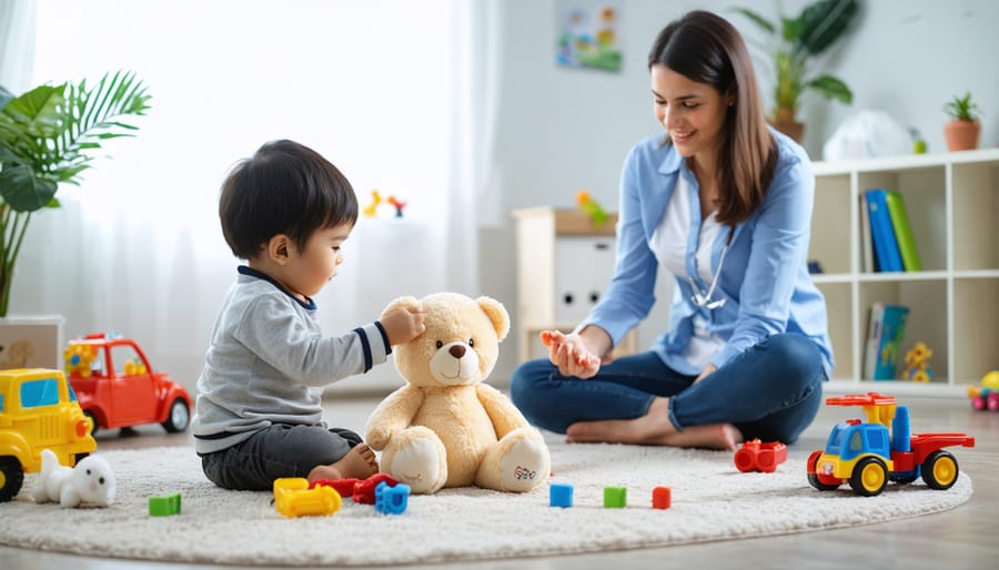 A child engaged in play therapy with a therapist, surrounded by toys and therapeutic tools, in a calm and supportive therapy room setting.