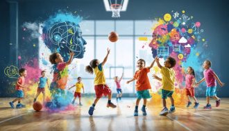 Illustration of children joyfully participating in different sports, symbolizing the positive effects of physical activity on their mental health, with elements representing teamwork and happiness.