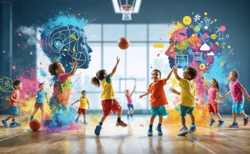 Illustration of children joyfully participating in different sports, symbolizing the positive effects of physical activity on their mental health, with elements representing teamwork and happiness.