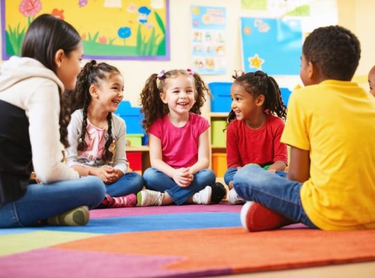 A group of diverse middle school children happily engaging in conversation and play in a cozy room, highlighting the theme of friendship and social growth.