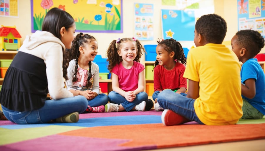 A group of diverse middle school children happily engaging in conversation and play in a cozy room, highlighting the theme of friendship and social growth.