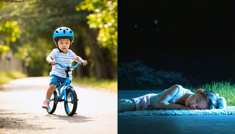 Side-by-side comparison of child learning new skill and sleeping