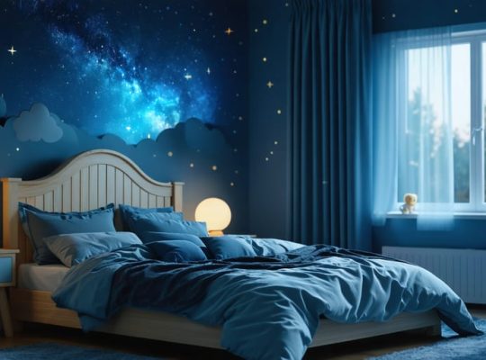 A tranquil child’s bedroom designed for ideal sleep, featuring dark curtains, soft bedding, and a starry nightlight, fostering a soothing sleep environment.