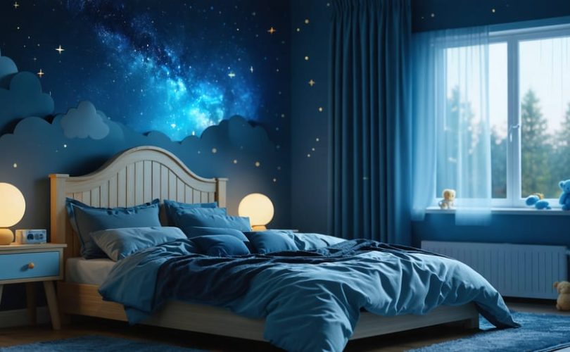 A tranquil child’s bedroom designed for ideal sleep, featuring dark curtains, soft bedding, and a starry nightlight, fostering a soothing sleep environment.