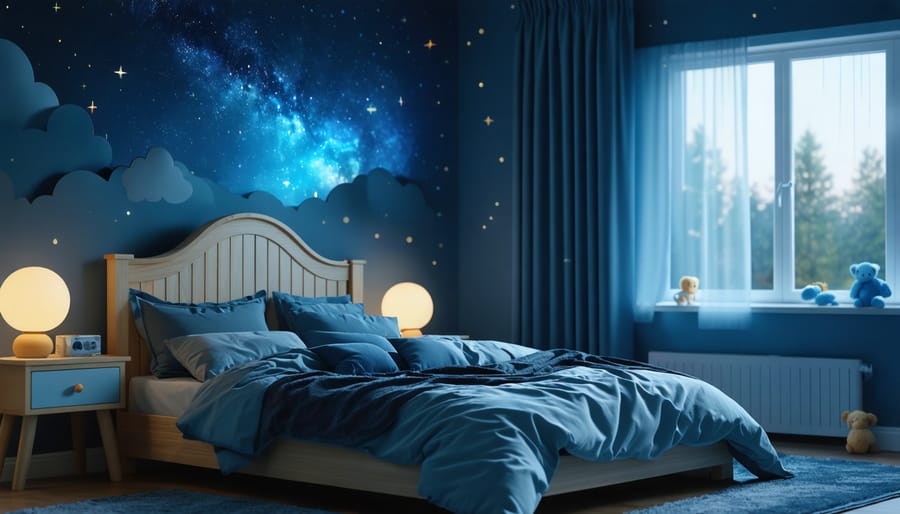 A tranquil child’s bedroom designed for ideal sleep, featuring dark curtains, soft bedding, and a starry nightlight, fostering a soothing sleep environment.