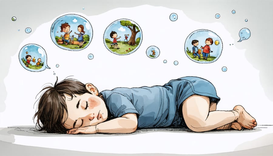 Illustration of a sleeping child with thought bubbles containing school, play, and learning memories