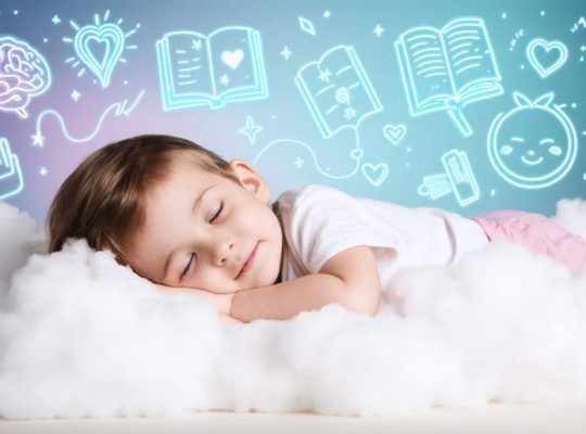 Conceptual image of a child sleeping peacefully on a cloud, surrounded by pastel symbols representing mental health benefits like a brain, book, heart, and calm face.