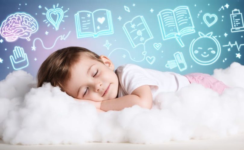 Conceptual image of a child sleeping peacefully on a cloud, surrounded by pastel symbols representing mental health benefits like a brain, book, heart, and calm face.