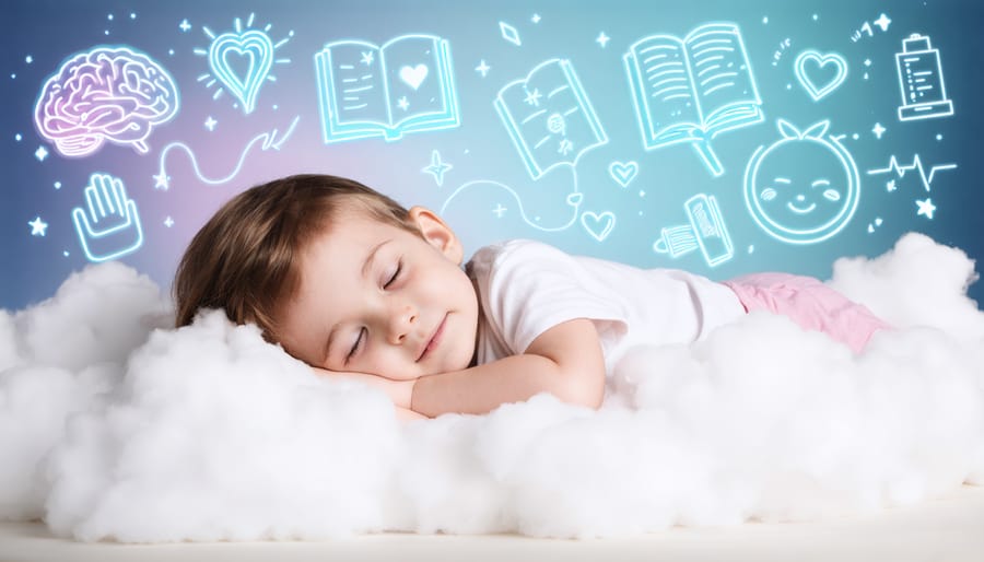 Conceptual image of a child sleeping peacefully on a cloud, surrounded by pastel symbols representing mental health benefits like a brain, book, heart, and calm face.