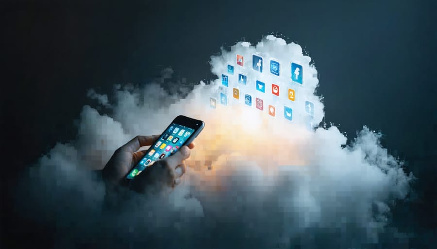 A smartphone surrounded by a shadowy cloud with symbols of anxiety, depression, and loneliness, representing the impact of social media on children's mental health.