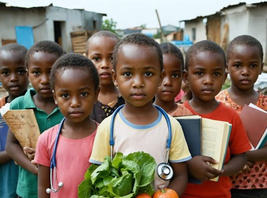 A group of diverse children stands confidently in a neighborhood with symbols of healthcare, nutrition, and education, representing resilience against the challenges of poverty.