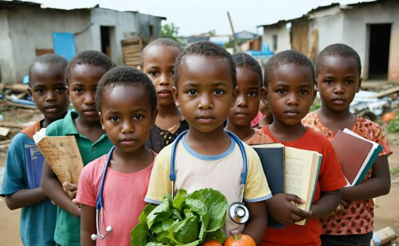 A group of diverse children stands confidently in a neighborhood with symbols of healthcare, nutrition, and education, representing resilience against the challenges of poverty.