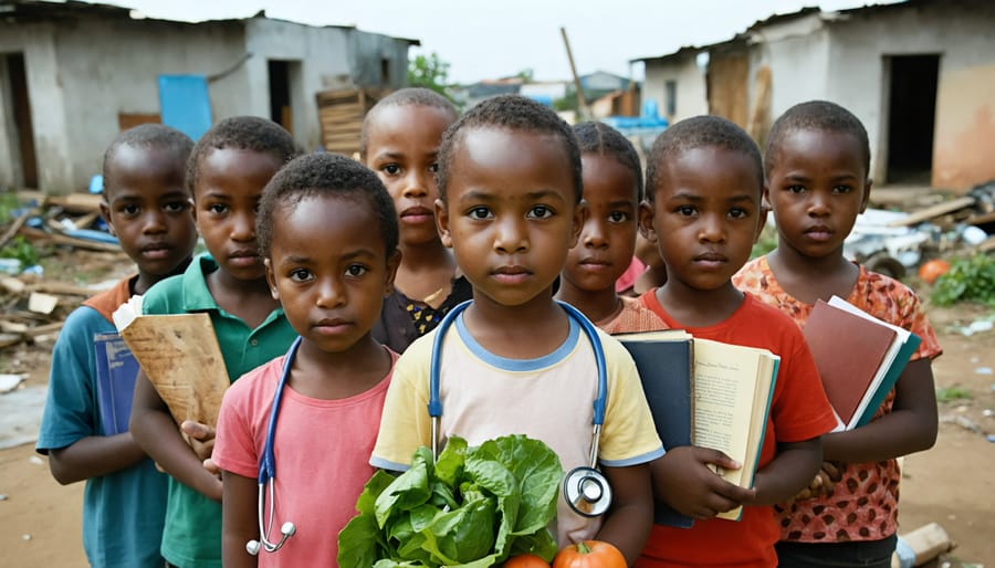 A group of diverse children stands confidently in a neighborhood with symbols of healthcare, nutrition, and education, representing resilience against the challenges of poverty.