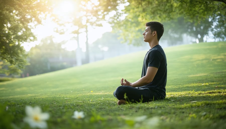 Student practicing mindfulness meditation outdoors