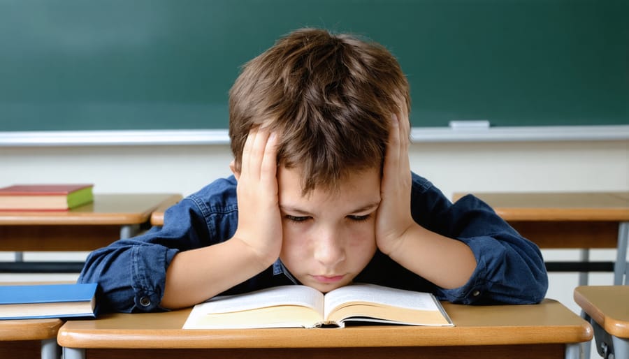 Stressed student with head down on desk, struggling with schoolwork