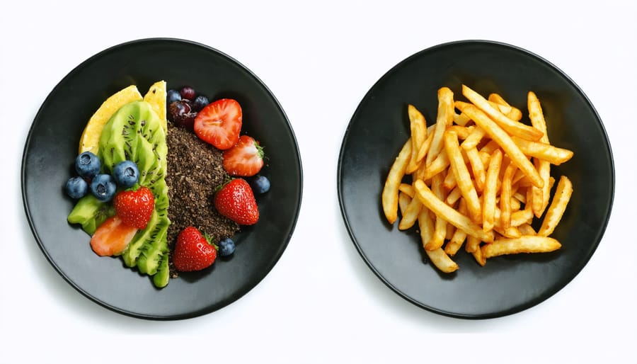 Comparison of a healthy meal and a meal high in processed, sugary foods to illustrate dietary impacts on mental health