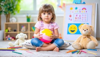 A young child in a cozy room practicing emotional regulation techniques with a stress ball, surrounded by comforting items like stuffed animals and art supplies in a calm-down corner.