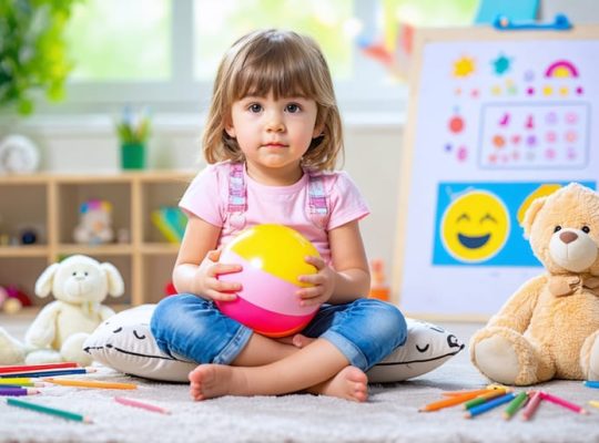 A young child in a cozy room practicing emotional regulation techniques with a stress ball, surrounded by comforting items like stuffed animals and art supplies in a calm-down corner.