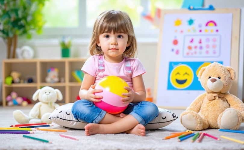 A young child in a cozy room practicing emotional regulation techniques with a stress ball, surrounded by comforting items like stuffed animals and art supplies in a calm-down corner.