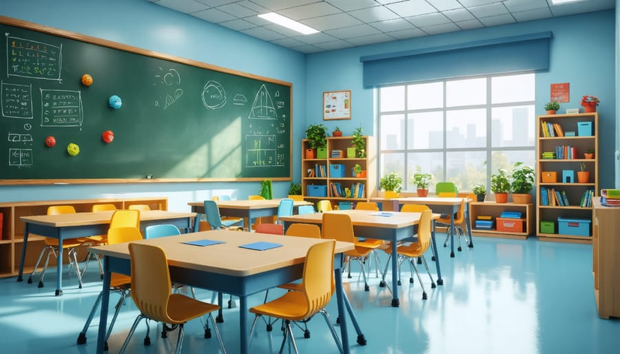 Well-organized classroom with calm color scheme, reading nook, and mindfulness area