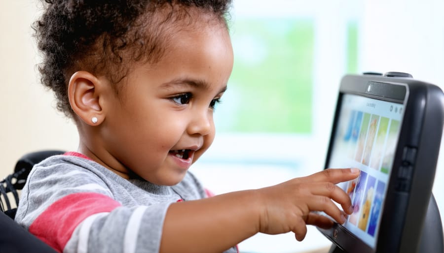 Speech therapist helping a deaf child use hearing assistance technology