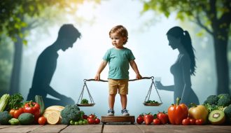 A conceptual illustration of a child on a balance scale with a silhouette representing mental health, surrounded by supportive elements like family, friends, and healthy foods.